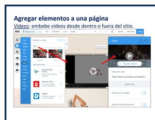 Agregar elementos a una página
Videos: embebe videos desde dentro o fuera del sitio.
 