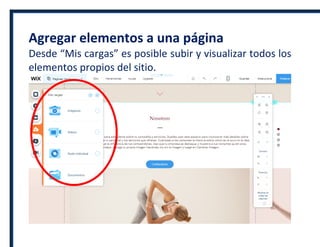 Agregar elementos a una página
Desde “Mis cargas” es posible subir y visualizar todos los
elementos propios del sitio.
 