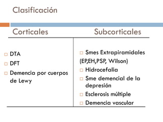Clasificación
Corticales Subcorticales
 DTA
 DFT
 Demencia por cuerpos
de Lewy
 Smes Extrapiramidales
(EP,EH,PSP, Wilson)
 Hidrocefalia
 Sme demencial de la
depresión
 Esclerosis múltiple
 Demencia vascular
 
