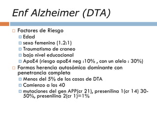 Enf Alzheimer (DTA)
 Factores de Riesgo
 Edad
 sexo femenino (1.2:1)
 Traumatismo de craneo
 bajo nivel educacional
 ApoE4 (riesgo apoE4 neg :10% , con un alelo : 30%)
 Formas herencia autosómica dominante con
penetrancia completa
 Menos del 5% de los casos de DTA
 Comienzo a los 40
 mutaciones del gen APP(cr 21), presenilina 1(cr 14) 30-
50%, presenilina 2(cr 1)=1%
 