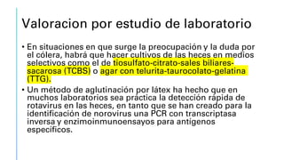Valoracion por estudio de laboratorio
• En situaciones en que surge la preocupación y la duda por
el cólera, habrá que hacer cultivos de las heces en medios
selectivos como el de tiosulfato-citrato-sales biliares-
sacarosa (TCBS) o agar con telurita-taurocolato-gelatina
(TTG).
• Un método de aglutinación por látex ha hecho que en
muchos laboratorios sea práctica la detección rápida de
rotavirus en las heces, en tanto que se han creado para la
identificación de norovirus una PCR con transcriptasa
inversa y enzimoinmunoensayos para antígenos
específicos.
 