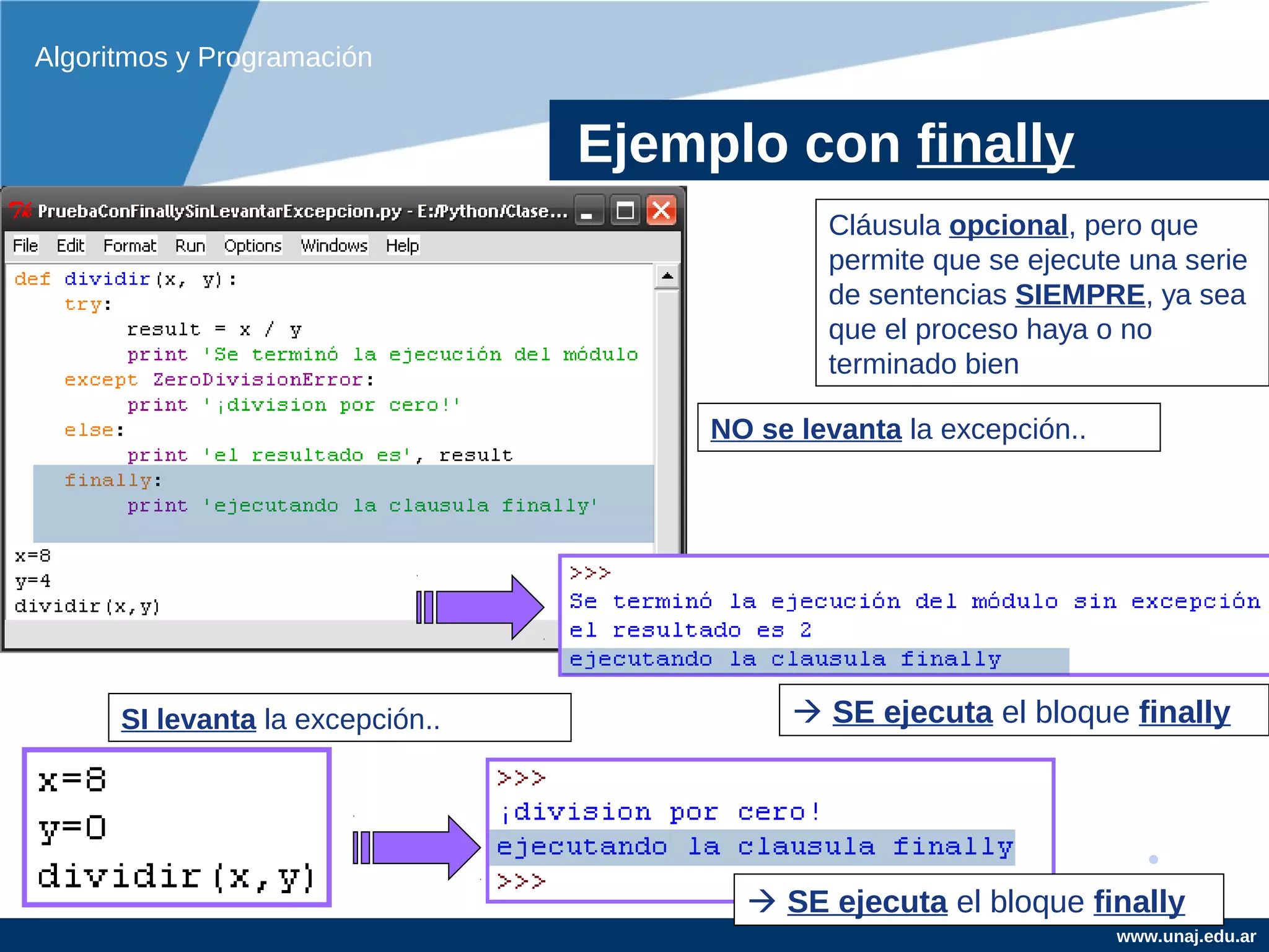 Algoritmos y Programación


                                  Ejemplo con finally
                                               Cláusula opcional, pero que
                                               permite que se ejecute una serie
                                               de sentencias SIEMPRE, ya sea
                                               que el proceso haya o no
                                               terminado bien

                                       NO se levanta la excepción..




      SI levanta la excepción..               SE ejecuta el bloque finally




                                          SE ejecuta el bloque finally
                                                                      www.unaj.edu.ar
 