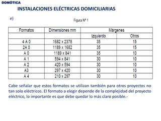 DOMÓTICA
e)
INSTALACIONES ELÉCTRICAS DOMICILIARIAS
Cabe señalar que estos formatos se utilizan también para otros proyectos no
tan solo eléctricos. El formato a elegir depende de la complejidad del proyecto
eléctrico, lo importante es que debe quedar lo más claro posible.-
 