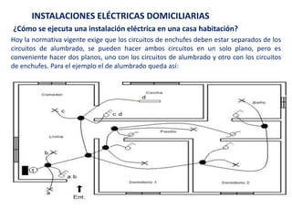 INSTALACIONES ELÉCTRICAS DOMICILIARIAS
¿Cómo se ejecuta una instalación eléctrica en una casa habitación?
Hoy la normativa vigente exige que los circuitos de enchufes deben estar separados de los
circuitos de alumbrado, se pueden hacer ambos circuitos en un solo plano, pero es
conveniente hacer dos planos, uno con los circuitos de alumbrado y otro con los circuitos
de enchufes. Para el ejemplo el de alumbrado queda así:
 