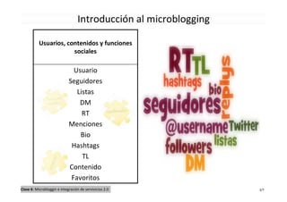 Introducción al microblogging

           Usuarios, contenidos y funciones
                       sociales

                               Usuario
                             Seguidores
                                Listas
                                 DM
                                  RT
                             Menciones
                                 Bio
                              Hashtags
                                  TL
                             Contenido
                              Favoritos
Clase 6: Microbloggin e integración de servivicios 2.0            3/7
 