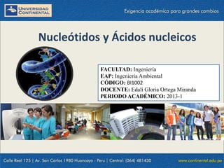 Nucleótidos y Ácidos nucleicos
FACULTAD: Ingeniería
EAP: Ingeniería Ambiental
CÓDIGO: BI1002
DOCENTE: Edali Gloria Ortega Miranda
PERIODO ACADÉMICO: 2013-1
 
