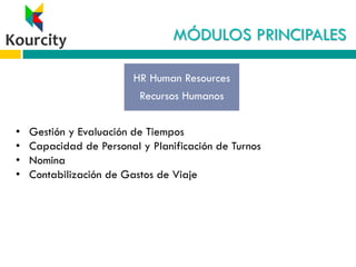 MÓDULOS PRINCIPALES
• Gestión y Evaluación de Tiempos
• Capacidad de Personal y Planificación de Turnos
• Nomina
• Contabilización de Gastos de Viaje
HR Human Resources
Recursos Humanos
 