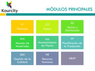 MÓDULOS PRINCIPALES
FI
Finanzas
CO
Costos
SD
Ventas y
Distribución
MM
Manejo de
Materiales
PM
Mantenimiento
de Planta
PP
Planificación de
la Producción
QM
Gestión de la
Calidad
HR
Recursos
Humanos
ABAP
 