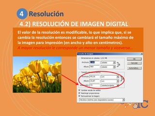 El valor de la resolución es modificable, lo que implica que, si se
cambia la resolución entonces se cambiará el tamaño máximo de
la imagen para impresión (en ancho y alto en centímetros).
A mayor resolución le corresponde un menor tamaño y viceversa…
4.2) RESOLUCIÓN DE IMAGEN DIGITAL
4 Resolución
 