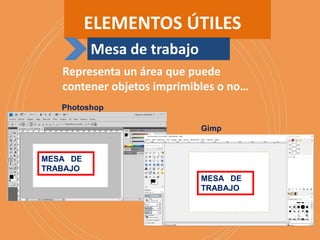 Representa un área que puede
contener objetos imprimibles o no…
MESA DE
TRABAJO
MESA DE
TRABAJO
Photoshop
Gimp
ELEMENTOS ÚTILES
Mesa de trabajo
 