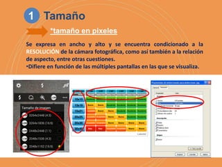 Se expresa en ancho y alto y se encuentra condicionado a la
RESOLUCIÓN de la cámara fotográfica, como así también a la relación
de aspecto, entre otras cuestiones.
•Difiere en función de las múltiples pantallas en las que se visualiza.
*tamaño en pixeles
1 Tamaño
 