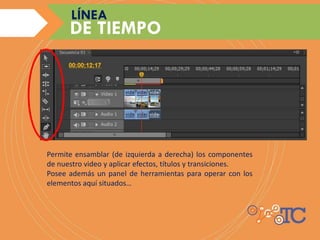 Permite ensamblar (de izquierda a derecha) los componentes
de nuestro video y aplicar efectos, títulos y transiciones.
Posee además un panel de herramientas para operar con los
elementos aquí situados…
DE TIEMPO
LÍNEA
 