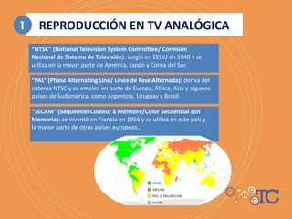 REPRODUCCIÓN EN TV ANALÓGICA
“NTSC” (National Television System Committee/ Comisión
Nacional de Sistema de Televisión): surgió en EEUU en 1940 y se
utiliza en la mayor parte de América, Japón y Corea del Sur.
“PAL” (Phase Alternating Line/ Línea de Fase Alternada): deriva del
sistema NTSC y se emplea en parte de Europa, África, Asia y algunos
países de Sudamérica, como Argentina, Uruguay y Brasil.
“SECAM” (Séquentiel Couleur à Mémoire/Color Secuencial con
Memoria): se inventó en Francia en 1956 y se utiliza en este país y
la mayor parte de otros países europeos…
1
 
