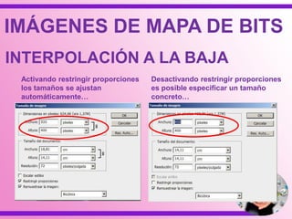 IMÁGENES DE MAPA DE BITS
Activando restringir proporciones
los tamaños se ajustan
automáticamente…
Desactivando restringir proporciones
es posible especificar un tamaño
concreto…
INTERPOLACIÓN A LA BAJA
 