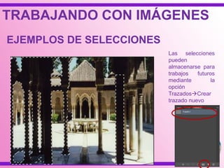 TRABAJANDO CON IMÁGENES
EJEMPLOS DE SELECCIONES
Las selecciones
pueden
almacenarse para
trabajos futuros
mediante la
opción
TrazadosCrear
trazado nuevo
 