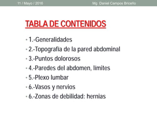 TABLADE CONTENIDOS
• 1.-Generalidades
• 2.-Topografía de la pared abdominal
• 3.-Puntos dolorosos
• 4.-Paredes del abdomen, límites
• 5.-Plexo lumbar
• 6.-Vasos y nervios
• 6.-Zonas de debilidad: hernias
11 / Mayo / 2016 Mg Daniel Campos Briceño
 