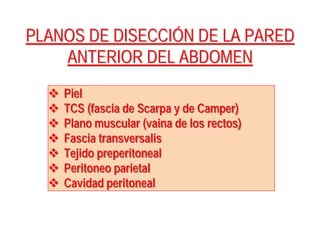 PLANOS DE DISECCIÓN DE LA PARED
ANTERIOR DEL ABDOMEN
 Piel
 TCS (fascia de Scarpa y de Camper)
 Plano muscular (vaina de los rectos)
 Fascia transversalis
 Tejido preperitoneal
 Peritoneo parietal
 Cavidad peritoneal
 