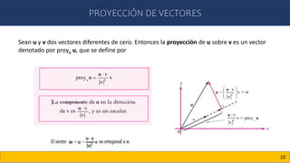 PROYECCIÓN DE VECTORES
10
Sean u y v dos vectores diferentes de cero. Entonces la proyección de u sobre v es un vector
denotado por proyv u, que se define por
 