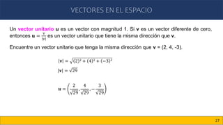 VECTORES EN EL ESPACIO
27
Un vector unitario u es un vector con magnitud 1. Si v es un vector diferente de cero,
entonces 𝐮 =
v
v
es un vector unitario que tiene la misma dirección que v.
Encuentre un vector unitario que tenga la misma dirección que v = (2, 4, -3).
𝐯 = 2 2 + 4 2 + −3 2
𝐯 = 29
𝒖 =
2
29
,
4
29
, −
3
29
 