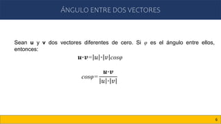 ÁNGULO ENTRE DOS VECTORES
6
Sean u y v dos vectores diferentes de cero. Si φ es el ángulo entre ellos,
entonces:
cosφ=
𝒖·𝒗
𝑢 · 𝑣
𝒖·𝒗= 𝑢 · 𝑣 cosφ
 