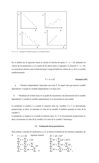 Ilustración 1 Ejemplos de nubes de puntos con tendencia lineal
En el análisis de la regresión lineal se calcula la función de ajuste Y = a + bX, hallando los
valores de los parámetros a y b a partir de los datos reales u originales. La función Y = a + bX,
es conocida en cálculo como la función lineal. Luego de hallar los valores de a y de b, se escribe
estadísticamente:
Fórmula (107)
a = Término independiente. Intercepto con el eje Y. Es aquel valor que toma la variable
dependiente Y cuando la variable independiente X se hace cero.
b = Pendiente de la línea recta. Es el grado de incremento o de disminución de la variable
dependiente Y, cuando la variable independiente X se incrementa en una unidad.
La pendiente es positiva (+) cuando la relación entre las variables X y Y es directamente
proporcional; es decir, al aumentar el valor de la variable X también aumenta el valor de la
variable Y.
La pendiente es negativa (─) cuando la relación entre X y Y es inversamente proporcional; es
decir, al aumentar el valor de la variable X el valor de la variable Y disminuye.
1.3 Estimación de los parámetros.
Para estimar o calcular los parámetros a y b, se utiliza el método de los mínimos cuadrados, de
la siguiente manera:
 