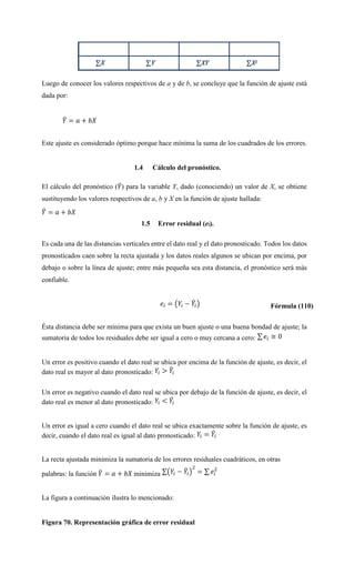 Luego de conocer los valores respectivos de a y de b, se concluye que la función de ajuste está
dada por:
Este ajuste es considerado óptimo porque hace mínima la suma de los cuadrados de los errores.
1.4 Cálculo del pronóstico.
El cálculo del pronóstico ( ) para la variable Y, dado (conociendo) un valor de X, se obtiene
sustituyendo los valores respectivos de a, b y X en la función de ajuste hallada:
1.5 Error residual (ei).
Es cada una de las distancias verticales entre el dato real y el dato pronosticado. Todos los datos
pronosticados caen sobre la recta ajustada y los datos reales algunos se ubican por encima, por
debajo o sobre la línea de ajuste; entre más pequeña sea esta distancia, el pronóstico será más
confiable.
Fórmula (110)
Ésta distancia debe ser mínima para que exista un buen ajuste o una buena bondad de ajuste; la
sumatoria de todos los residuales debe ser igual a cero o muy cercana a cero:
Un error es positivo cuando el dato real se ubica por encima de la función de ajuste, es decir, el
dato real es mayor al dato pronosticado:
Un error es negativo cuando el dato real se ubica por debajo de la función de ajuste, es decir, el
dato real es menor al dato pronosticado:
Un error es igual a cero cuando el dato real se ubica exactamente sobre la función de ajuste, es
decir, cuando el dato real es igual al dato pronosticado:
La recta ajustada minimiza la sumatoria de los errores residuales cuadráticos, en otras
palabras: la función minimiza
La figura a continuación ilustra lo mencionado:
Figura 70. Representación gráfica de error residual
 