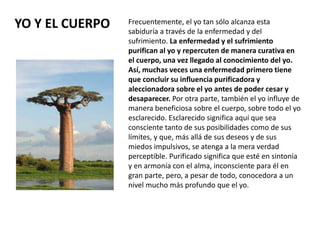 YO Y EL CUERPO Frecuentemente, el yo tan sólo alcanza esta
sabiduría a través de la enfermedad y del
sufrimiento. La enfermedad y el sufrimiento
purifican al yo y repercuten de manera curativa en
el cuerpo, una vez llegado al conocimiento del yo.
Así, muchas veces una enfermedad primero tiene
que concluir su influencia purificadora y
aleccionadora sobre el yo antes de poder cesar y
desaparecer. Por otra parte, también el yo influye de
manera beneficiosa sobre el cuerpo, sobre todo el yo
esclarecido. Esclarecido significa aquí que sea
consciente tanto de sus posibilidades como de sus
límites, y que, más allá de sus deseos y de sus
miedos impulsivos, se atenga a la mera verdad
perceptible. Purificado significa que esté en sintonía
y en armonía con el alma, inconsciente para él en
gran parte, pero, a pesar de todo, conocedora a un
nivel mucho más profundo que el yo.
 