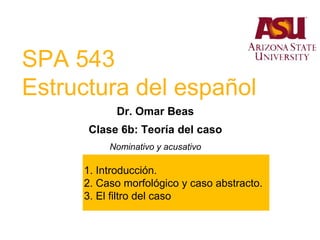 SPA 543
Estructura del español
Dr. Omar Beas
Clase 6b: Teoría del caso
Nominativo y acusativo
1. Introducción.
2. Caso morfológico y caso abstracto.
3. El filtro del caso
 