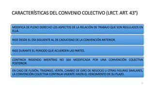 CARACTERÍSTICAS DEL CONVENIO COLECTIVO (LRCT. ART. 43°)
MODIFICA DE PLENO DERECHO LOS ASPECTOS DE LA RELACIÓN DE TRABAJO QUE SON REGULADOS EN
ELLA.
RIGE DESDE EL DÍA SIGUIENTE AL DE CADUCIDAD DE LA CONVENCIÓN ANTERIOR.
RIGE DURANTE EL PERIODO QUE ACUERDEN LAS PARTES.
CONTINÚA RIGIENDO MIENTRAS NO SEA MODIFICADA POR UNA CONVENCIÓN COLECTIVA
POSTERIOR.
EN CASO DE FUSIÓN, TRASPASO, VENTA, CAMBIO DE GIRO DE NEGOCIO U OTRAS FIGURAS SIMILARES,
LA CONVENCIÓN COLECTIVA CONTINUA VIGENTE HASTA EL VENCIMIENTO DE SU PLAZO.
21
 