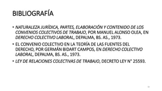 BIBLIOGRAFÍA
• NATURALEZA JURÍDICA, PARTES, ELABORACIÓN Y CONTENIDO DE LOS
CONVENIOS COLECTIVOS DE TRABAJO, POR MANUEL ALONSO OLEA, EN
DERECHO COLECTIVO LABORAL, DEPALMA, BS. AS., 1973.
• EL CONVENIO COLECTIVO EN LA TEORÍA DE LAS FUENTES DEL
DERECHO, POR GERMÁN BIDART CAMPOS, EN DERECHO COLECTIVO
LABORAL, DEPALMA, BS. AS., 1973.
• LEY DE RELACIONES COLECTIVAS DE TRABAJO, DECRETO LEY N° 25593.
30
 