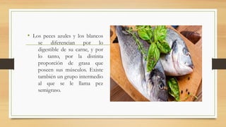 • Los peces azules y los blancos
se diferencian por lo
digestible de su carne, y por
lo tanto, por la distinta
proporción de grasa que
poseen sus músculos. Existe
también un grupo intermedio
al que se le llama pez
semigraso.
 