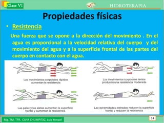 Clase VI                                    HIDROTERAPIA

                          Propiedades físicas
 • Resistencia
    Una fuerza que se opone a la dirección del movimiento . En el
     agua es proporcional a la velocidad relativa del cuerpo y del
     movimiento del agua y a la superficie frontal de las partes del
     cuerpo en contacto con el agua.




Mg. TM. TFR. CUYA CHUMPITAZ, Luis Ysmael                        14
 