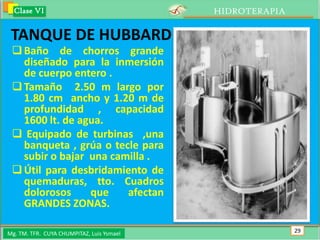 Clase VI                                 HIDROTERAPIA

 TANQUE DE HUBBARD
  Baño de chorros grande
   diseñado para la inmersión
   de cuerpo entero .
  Tamaño 2.50 m largo por
   1.80 cm ancho y 1.20 m de
   profundidad , capacidad
   1600 lt. de agua.
  Equipado de turbinas ,una
   banqueta , grúa o tecle para
   subir o bajar una camilla .
  Útil para desbridamiento de
   quemaduras, tto. Cuadros
   dolorosos     que    afectan
   GRANDES ZONAS.

Mg. TM. TFR. CUYA CHUMPITAZ, Luis Ysmael                  29
 