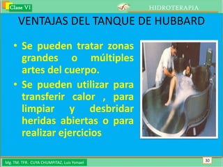 Clase VI                                 HIDROTERAPIA

      VENTAJAS DEL TANQUE DE HUBBARD
    • Se pueden tratar zonas
      grandes o múltiples
      artes del cuerpo.
    • Se pueden utilizar para
      transferir calor , para
      limpiar y desbridar
      heridas abiertas o para
      realizar ejercicios

Mg. TM. TFR. CUYA CHUMPITAZ, Luis Ysmael                  30
 