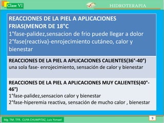 Clase VI                                     HIDROTERAPIA

   REACCIONES DE LA PIEL A APLICACIONES
   FRIAS(MENOR DE 18°C
   1°fase-palidez,sensacion de frio puede llegar a dolor
   2°fase(reactiva)-enrojecimiento cutáneo, calor y
   bienestar
   REACCIONES DE LA PIEL A APLICACIONES CALIENTES(36°-40°)
   una sola fase- enrojecimiento, sensación de calor y bienestar

   REACCIONES DE LA PIEL A APLICACIONES MUY CALIENTES(40°-
   46°)
   1°fase-palidez,sensacion calor y bienestar
   2°fase-hiperemia reactiva, sensación de mucho calor , bienestar


Mg. TM. TFR. CUYA CHUMPITAZ, Luis Ysmael                             9
 