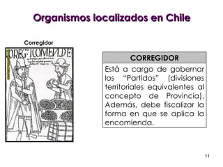 Organismos localizados en Chile CORREGIDOR Está a cargo de gobernar los “Partidos” (divisiones territoriales equivalentes al concepto de Provincia). Además, debe fiscalizar la forma en que se aplica la encomienda. Corregidor 