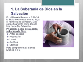1. La Soberanía de Dios en la
Salvación
En el libro de Romanos 8:29-30,
la Biblia nos muestra como llega
el hombre a la salvación. Más
específicamente como Dios lo
trae hacia Su Salvación.
Principios sobre esta acción
soberana de Dios:
 Antes conoció
 Predestinó
 Llamó
 Justificó
 Glorificó
Para complementar, leamos
Efesios 1:4-6
 