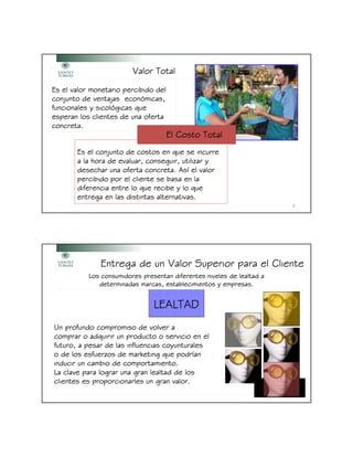 Valor Total

Es el valor monetario percibido del
conjunto de ventajas económicas,
                       econó
              sicoló
funcionales y sicológicas que
esperan los clientes de una oferta
concreta.
                                      El Costo Total
       Es el conjunto de costos en que se incurre
       a la hora de evaluar, conseguir, utilizar y
                                       Así
       desechar una oferta concreta. Así el valor
       percibido por el cliente se basa en la
       diferencia entre lo que recibe y lo que
       entrega en las distintas alternativas.
                                                                        5




              Entrega de un Valor Superior para el Cliente
           Los consumidores presentan diferentes niveles de lealtad a
              determinadas marcas, establecimientos y empresas.


                                LEALTAD
Un profundo compromiso de volver a
comprar o adquirir un producto o servicio en el
futuro, a pesar de las influencias coyunturales
o de los esfuerzos de marketing que podrían
                                       podrí
inducir un cambio de comportamiento.
La clave para lograr una gran lealtad de los
clientes es proporcionarles un gran valor.
                                                                        6
 