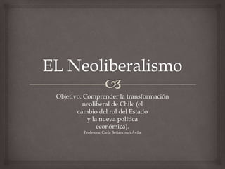 Objetivo: Comprender la transformación
neoliberal de Chile (el
cambio del rol del Estado
y la nueva política
económica).
Profesora: Carla Bettancourt Ávila
 