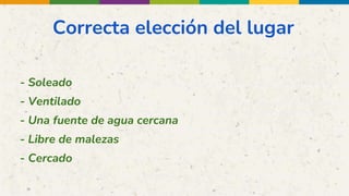Correcta elección del lugar
- Soleado
- Ventilado
- Una fuente de agua cercana
- Libre de malezas
- Cercado
 