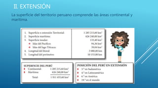II. EXTENSIÓN
La superficie del territorio peruano comprende las áreas continental y
marítima.
 