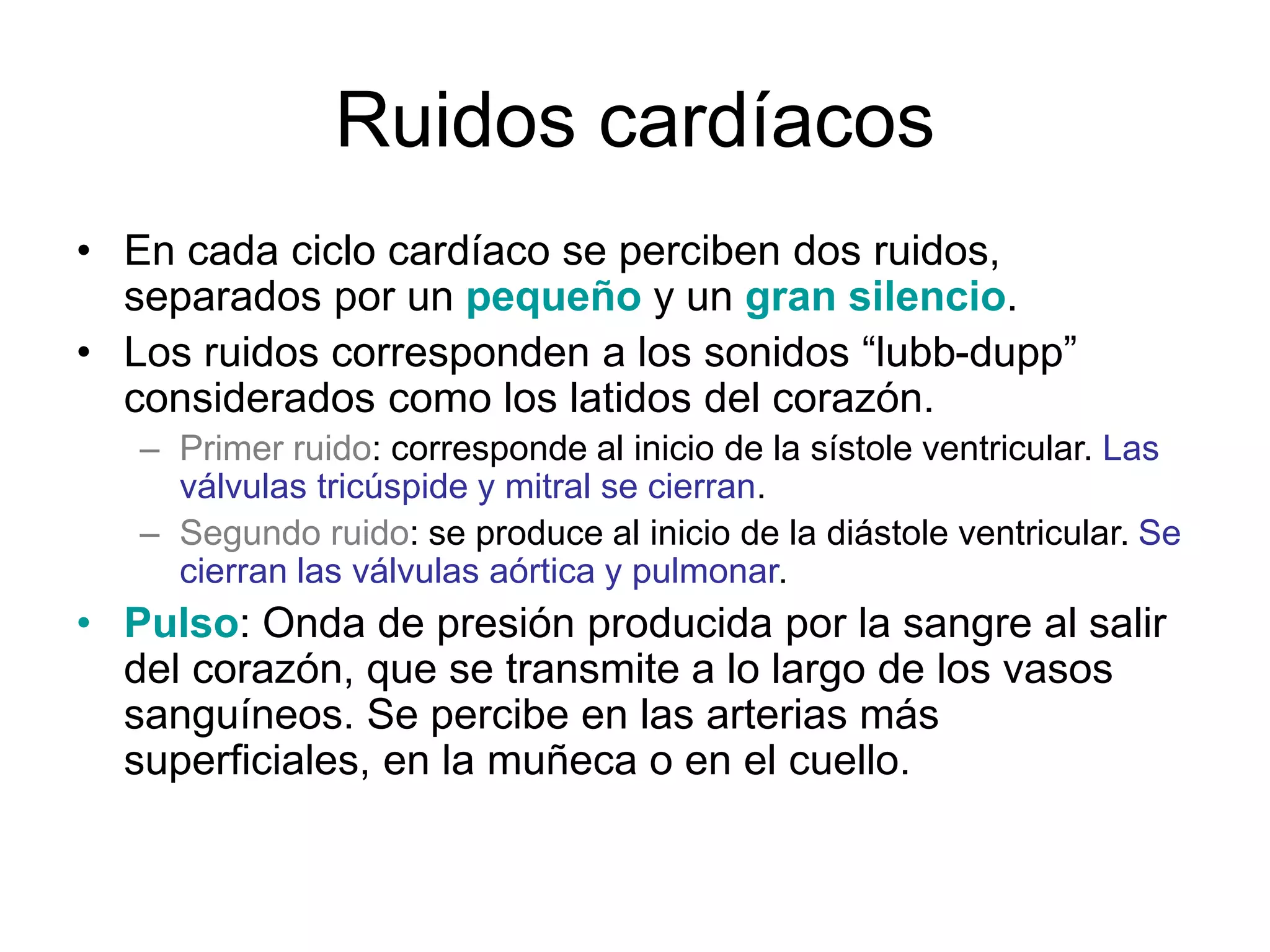 Ruidos cardíacos
• En cada ciclo cardíaco se perciben dos ruidos,
separados por un pequeño y un gran silencio.
• Los ruidos corresponden a los sonidos “lubb-dupp”
considerados como los latidos del corazón.
– Primer ruido: corresponde al inicio de la sístole ventricular. Las
válvulas tricúspide y mitral se cierran.
– Segundo ruido: se produce al inicio de la diástole ventricular. Se
cierran las válvulas aórtica y pulmonar.
• Pulso: Onda de presión producida por la sangre al salir
del corazón, que se transmite a lo largo de los vasos
sanguíneos. Se percibe en las arterias más
superficiales, en la muñeca o en el cuello.
 