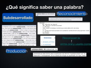 ¿QQuuéé ssiiggnniiffiiccaa ssaabbeerr uunnaa ppaallaabbrraa?? 
SSuubbddeessaarrrroollllaaddoo 
RReeccoonnoocciimmiieennttoo 
RReeccoonnoocceerr llaa 
ff 
oorrmmaa oorraall yy uussaarrllaa ccoorrrreeccttaammeennttee 
PPrroodduucccciióónn 
 