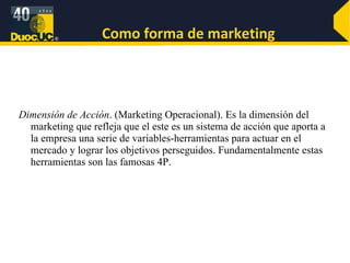 Como forma de marketing Dimensión de Acción . (Marketing Operacional). Es la dimensión del marketing que refleja que el este es un sistema de acción que aporta a la empresa una serie de variables-herramientas para actuar en el mercado y lograr los objetivos perseguidos. Fundamentalmente estas herramientas son las famosas 4P. 