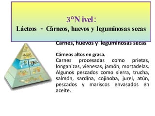 3°Nivel: Lácteos  -  Cárneos, huevos y leguminosas secas Carnes, huevos y  leguminosas secas Cárneos altos en grasa. Carnes procesadas como prietas, longanizas, vienesas, jamón, mortadelas. Algunos pescados como sierra, trucha, salmón, sardina, cojinoba, jurel, atún, pescados y mariscos envasados en aceite. 
