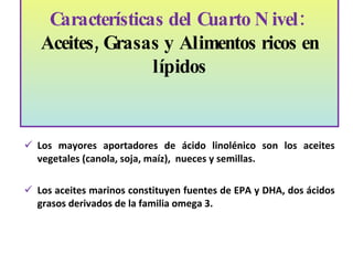 Los aceites vegetales son importantes fuentes de ácidos grasos esenciales de la familia omega 6, (maíz, soya, maravilla). Estos  también se encuentran  en semillas, nueces y granos.  Los mayores aportadores de ácido linolénico son los aceites vegetales (canola, soja, maíz),  nueces y semillas. Los aceites marinos constituyen fuentes de EPA y DHA, dos ácidos grasos derivados de la familia omega 3. Características del Cuarto Nivel:  Aceites, Grasas y Alimentos ricos en lípidos   