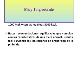 Usando solo las porciones mínimas, aportamos 1000 kcal. y con las máximas 3000 kcal. Hacer recomendaciones equilibradas que cumplan con las características de una dieta normal,  resulta fácil siguiendo las indicaciones de proporción de la pirámide.  Muy Importante    