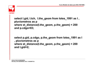 Curso Modelo de datos para SIG (720145M )




    select l.gid, l.tch, l.the_geom from lotes_1991 as l ,
    pluviometros as p
    where st_distance(l.the_geom, p.the_geom) < 200
    and p.cdgo=83;


    select p.gid, p.cdgo, p.the_geom from lotes_1991 as l
    , pluviometros as p
    where st_distance(l.the_geom, p.the_geom) < 200
    and l.gid=2;



FACULTAD DE INGENIERÍA
ESCUELA DE INGENIERÍA CIVIL Y GEOMÁTICA
 