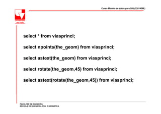 Curso Modelo de datos para SIG (720145M )




   select * from viasprinci;

   select npoints(the_geom) from viasprinci;

   select astext(the_geom) from viasprinci;

   select rotate(the_geom,45) from viasprinci;

   select astext(rotate(the_geom,45)) from viasprinci;




FACULTAD DE INGENIERÍA
ESCUELA DE INGENIERÍA CIVIL Y GEOMÁTICA
 
