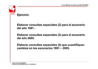 Curso Modelo de datos para SIG (720145M )




        Ejercicio


        Elaborar consultas espaciales (2) para el escenario
        del año 1991 .

        Elaborar consultas espaciales (2) para el escenario
        del año 2005.

        Elaborar consultas espaciales (2) que cuantifiquen
        cambios en los escenarios 1991 – 2005.




FACULTAD DE INGENIERÍA
ESCUELA DE INGENIERÍA CIVIL Y GEOMÁTICA
 